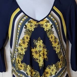 Heartsoul Navy Yellow White Floral Point Front Lightweight Blouse Size XL